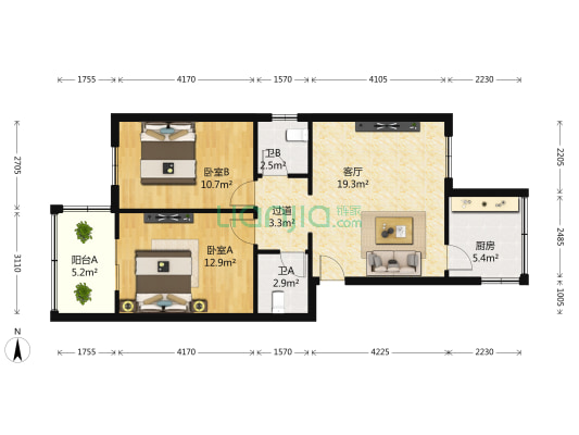 洗面桥横街35号 2室1厅2卫 74平方