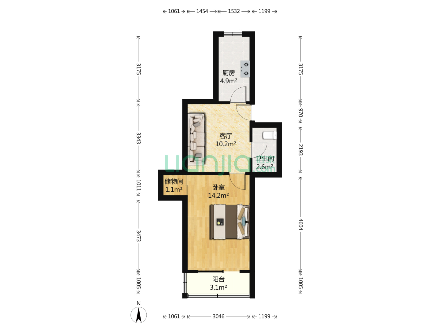 风林绿洲,1室1厅 49㎡