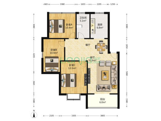 广枫苑 3室1厅1卫 108平方