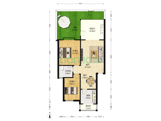 紫金花园 2室2厅1卫 82平方