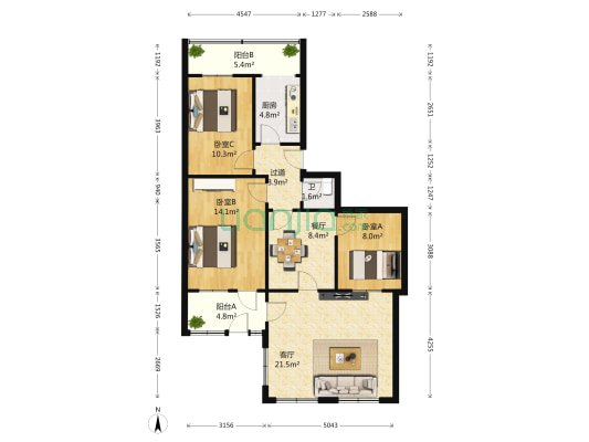 山东储备物资管理局三三四处 3室2厅1卫 64平方