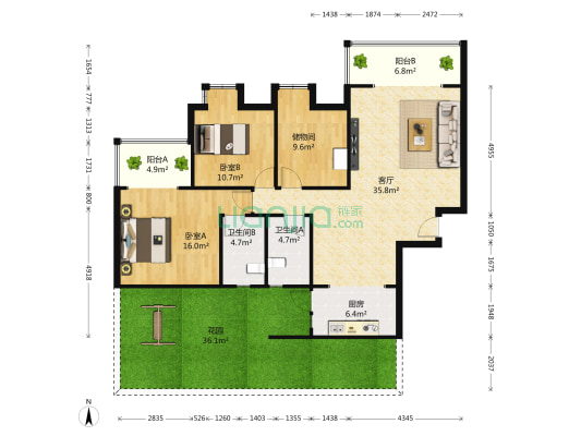 锦城世家 2室1厅2卫 122平方