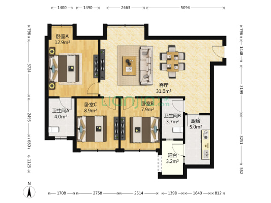 华润二十四城六期 3室1厅2卫 96平方