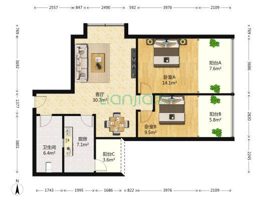 锦溪 2室1厅1卫 90平方