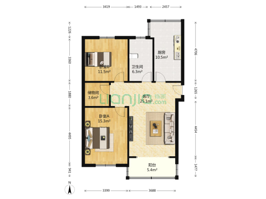 通园公寓 2室1厅1卫 97平方