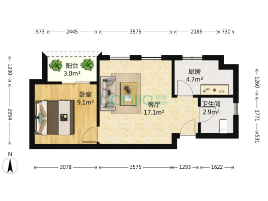 华润置地公馆 1室1厅1卫 53平方