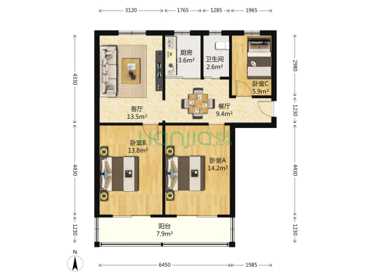 莫愁新村 3室2厅1卫 88平方