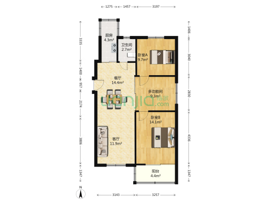 普华巷 3室2厅1卫 90平方