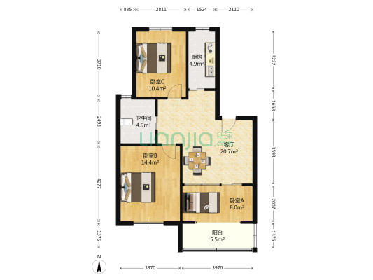 绿川新苑南区 3室1厅1卫 87平方