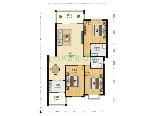 海峡新城二期 3室1厅2卫 124平方