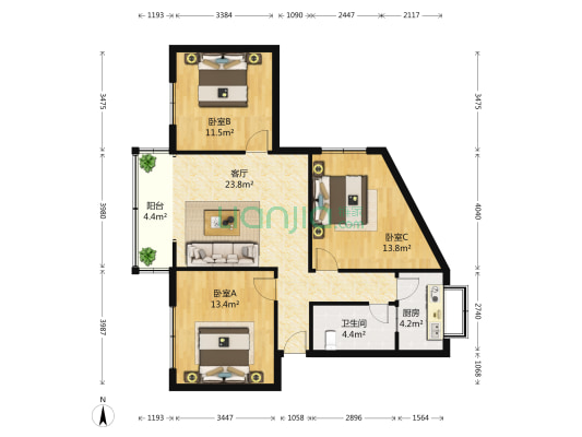棠湖大厦 3室1厅1卫 94平方