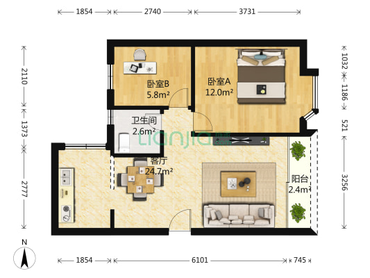 加洲花园 2室1厅1卫 55平方