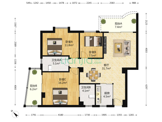 龙泽榕园 3室1厅2卫 106平方