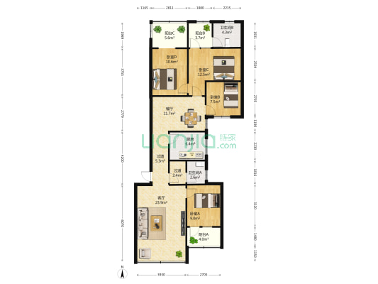 文化七村大公馆 4室2厅2卫 132平方