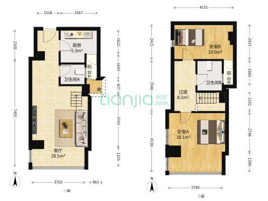 紫荆国际公寓 2室1厅2卫 54平方
