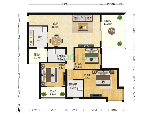 水映兰庭 3室1厅2卫 86平方