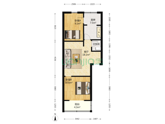 红房子 2室1厅1卫 61平方