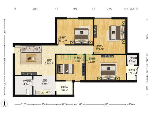 富临大厦 4室1厅2卫 133平方
