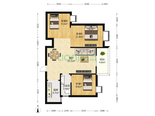 新长江香榭东沙 3室1厅1卫 104平方