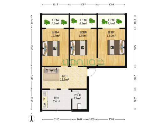 湖北省印刷物资公司公寓 3室1厅1卫 94平方