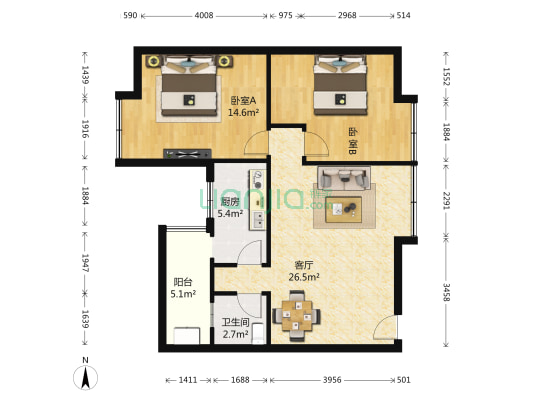 华西花园二期 2室1厅1卫 88平方
