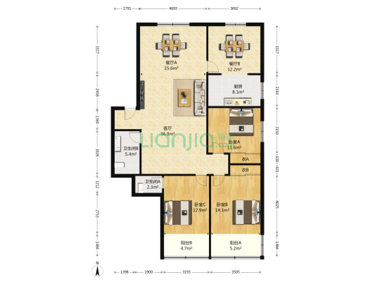 烽火路80号 3室3厅2卫 166平方