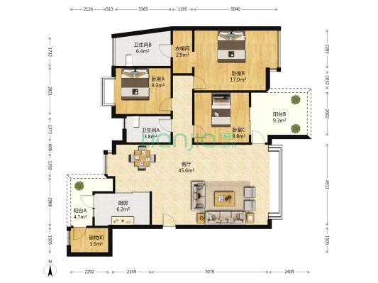 香域中央花园 3室1厅2卫 147平方