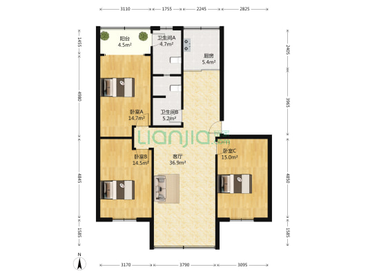荣鑫苑 3室1厅2卫 120平方