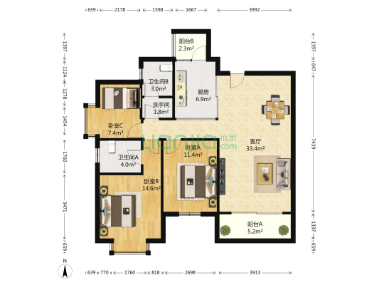 发展兴苑 3室1厅3卫 116平方