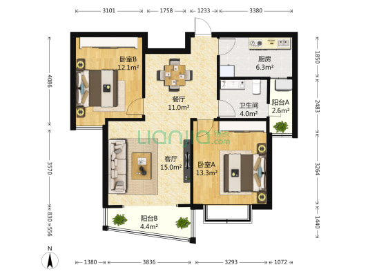 沁怡家园 2室2厅1卫 96平方