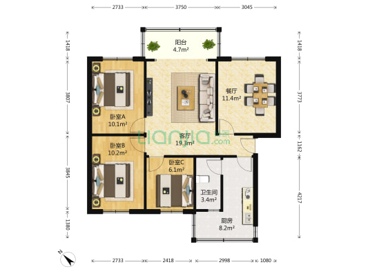 枫萧苑 3室2厅1卫 87平方