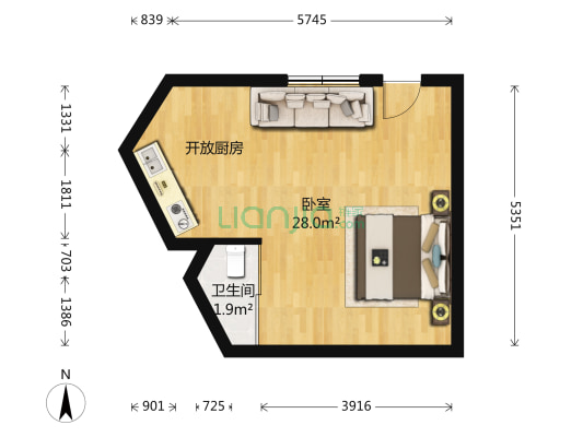 39中金域朝阳 1室0厅1卫 34平方