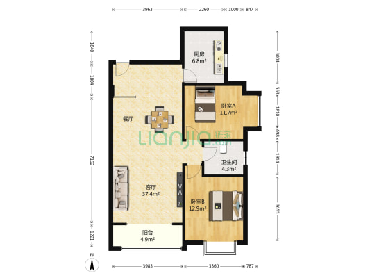 云顶园 2室1厅1卫 107平方