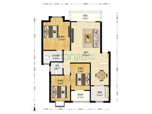 中央花园邻芳居 3室1厅2卫 116平方