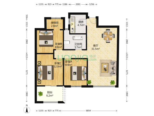 太阳星辰花园天邑 3室1厅1卫 95平方