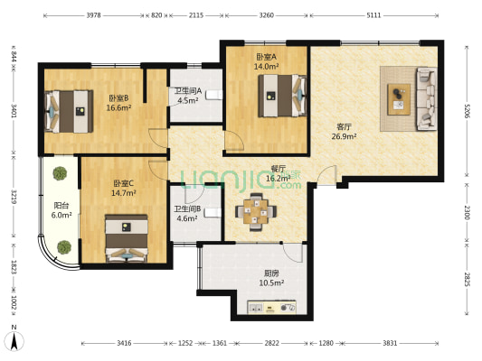 金融广场 3室2厅2卫 155平方