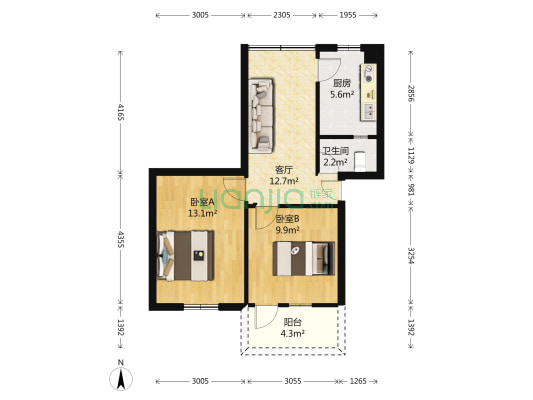 玉林西街2号 2室1厅1卫 55平方