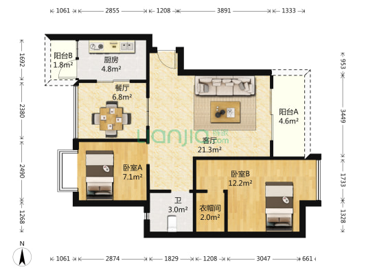 宝丰苑 2室2厅1卫 89平方