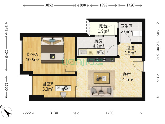 萧邦 2室1厅1卫 49平方
