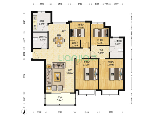 合生时代锦苑（公寓） 4室1厅2卫 142平方