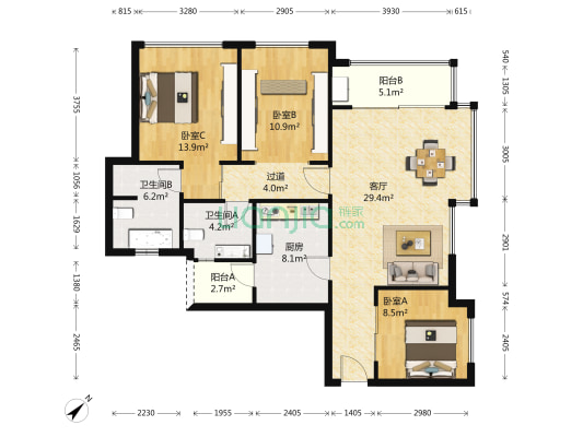 武汉天地二期A6 3室1厅2卫 136平方