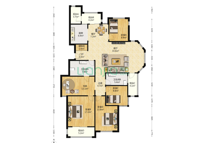 5室2厅2卫193㎡-北京绿城百合公寓玉泉苑户型图