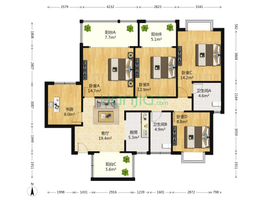 尚林花园 5室1厅2卫 107平方