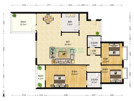 远大都市风景一期 3室1厅2卫 153平方