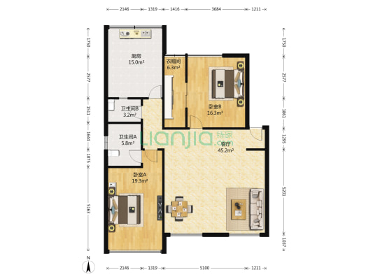 晨光山水 2室1厅2卫 139平方