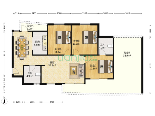 天安花园 3室1厅2卫 156平方