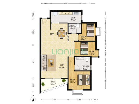假日湾 3室1厅2卫 106平方