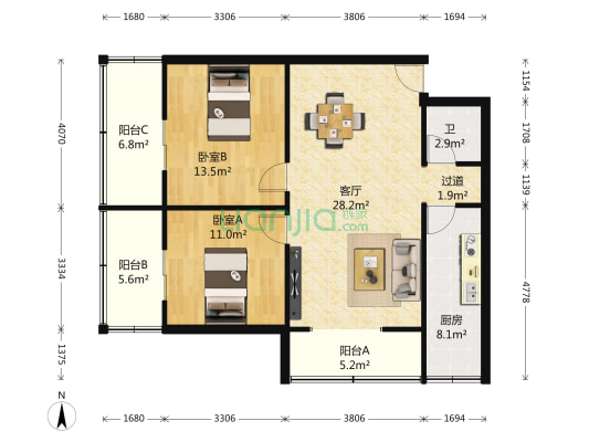 玉林北路7号 2室1厅1卫 85平方