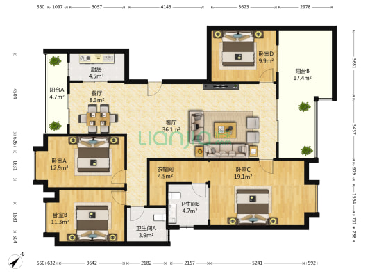 中粮香榭丽都 4室2厅2卫 171平方
