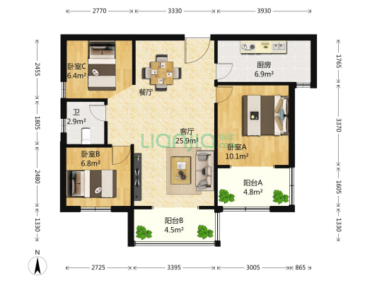 新长江香榭琴台墨园 3室1厅1卫 98平方